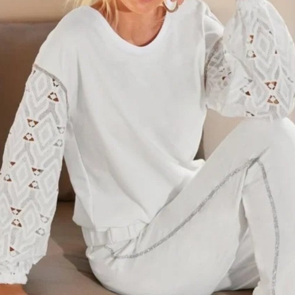 Boston Proper Embellished Bling Lace Sleeve Sweatshirt Extra Small White NWOT